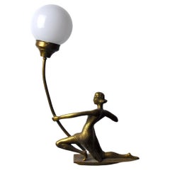 Lamp "Woman with a Bow" Brass and Opaline France Mid-Century
