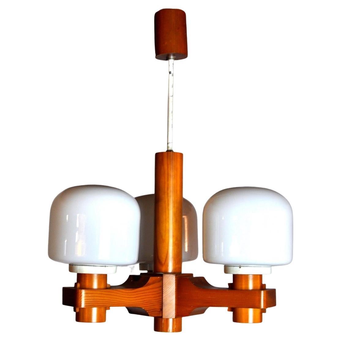 Nordic Chandelier in Wood and Opaline Denmark 1970 For Sale