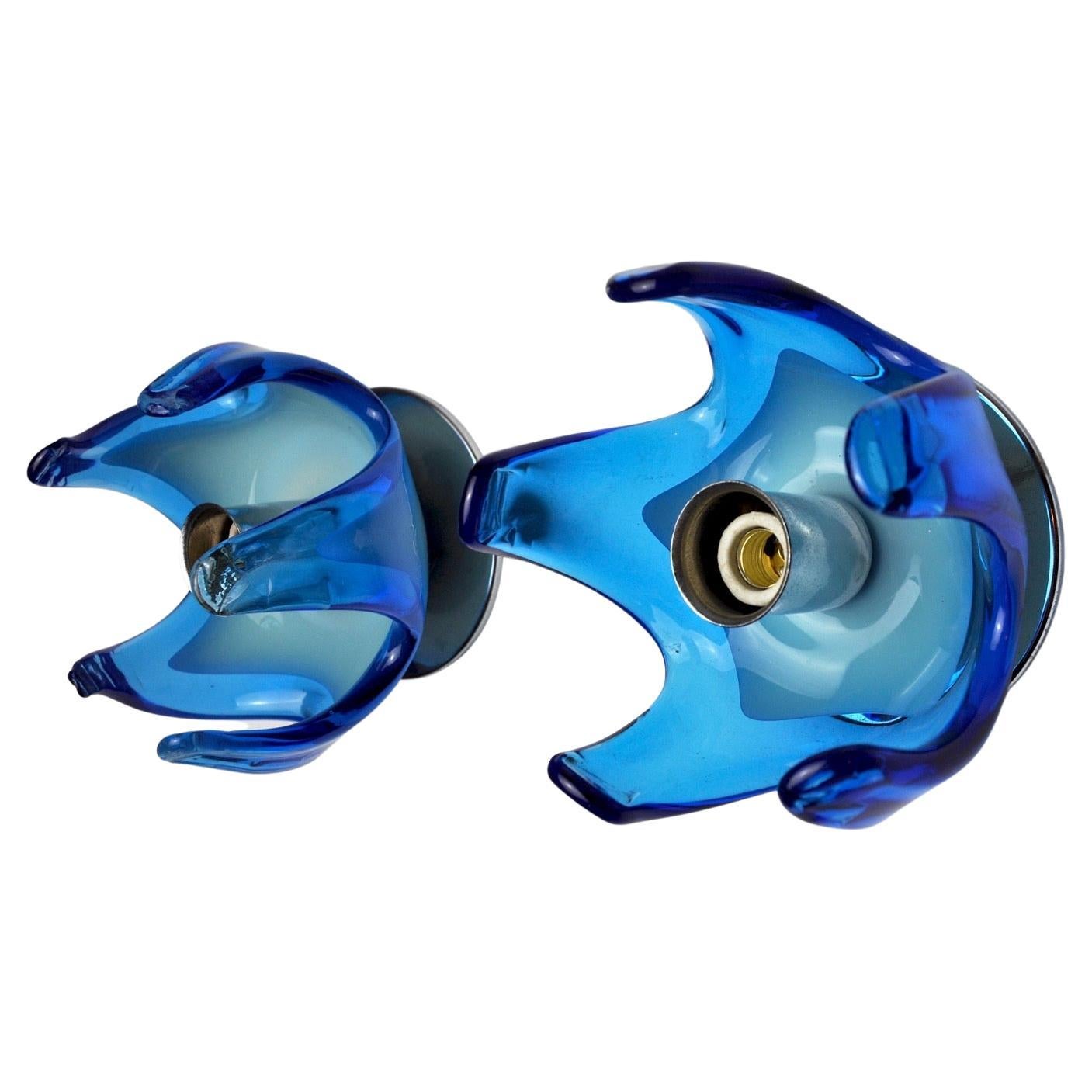 Pair of Mazzega Murano wall lights, blue two-tone glass, Italy, 1970 For Sale