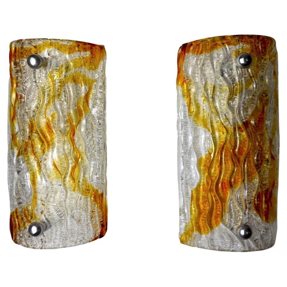Pair of Murano Mazzega Sconces, Orange Frosted Glass, Italy, 1960