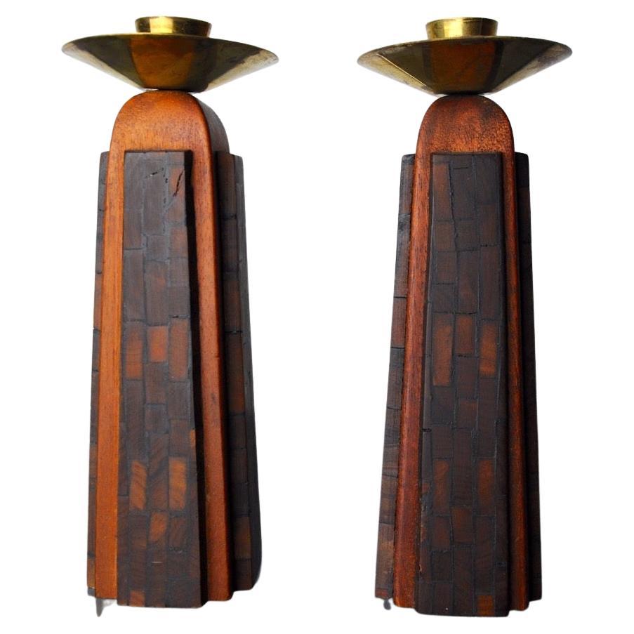 Pair of "David" Candlesticks in Olive Wood, Handcrafted in Israel, 1960