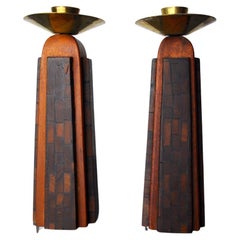 Vintage Pair of "David" Candlesticks in Olive Wood, Handcrafted in Israel, 1960