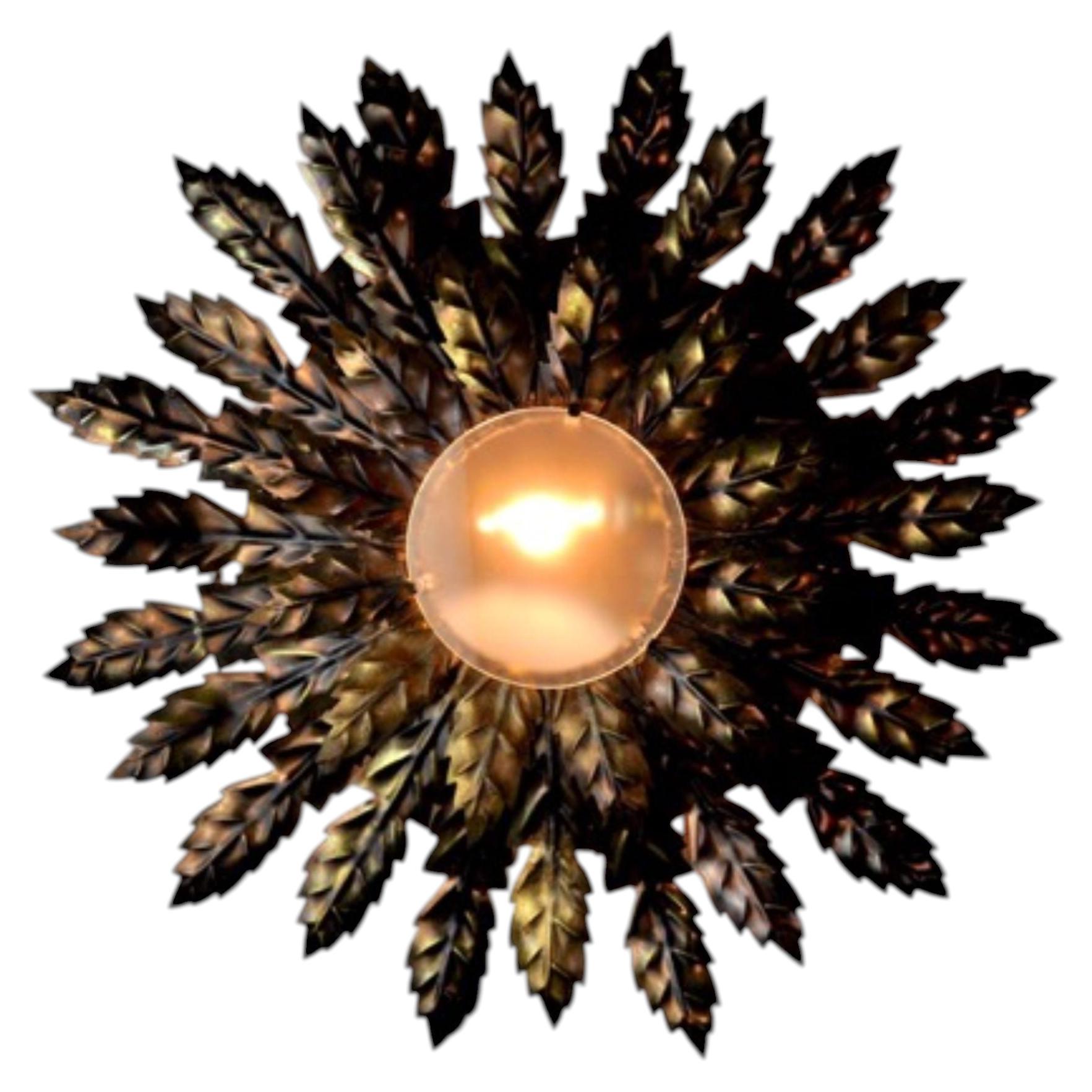 Sunburst Flush Mount Ceiling Light in Gilt Metal, Spain, 1960s For Sale