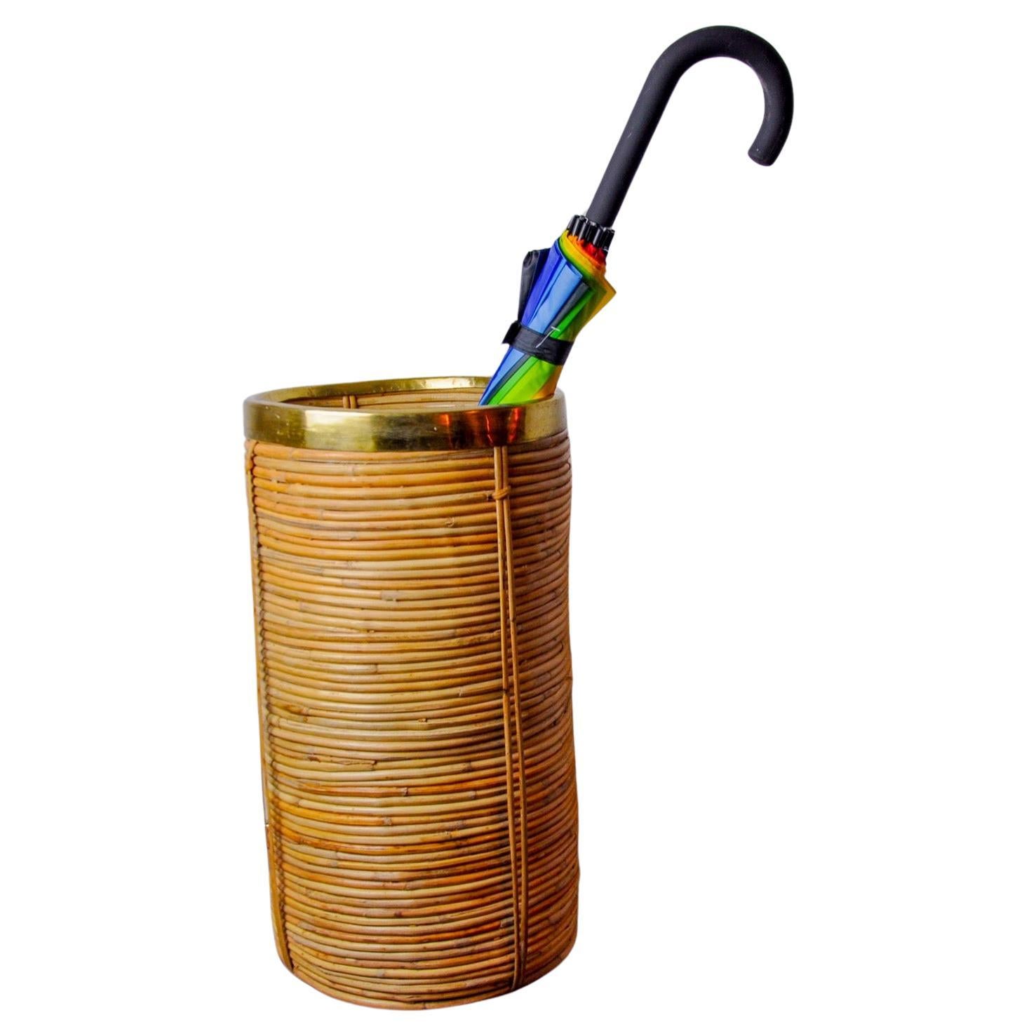 Portaombrelli in rattan e ottone, Italia, 1970