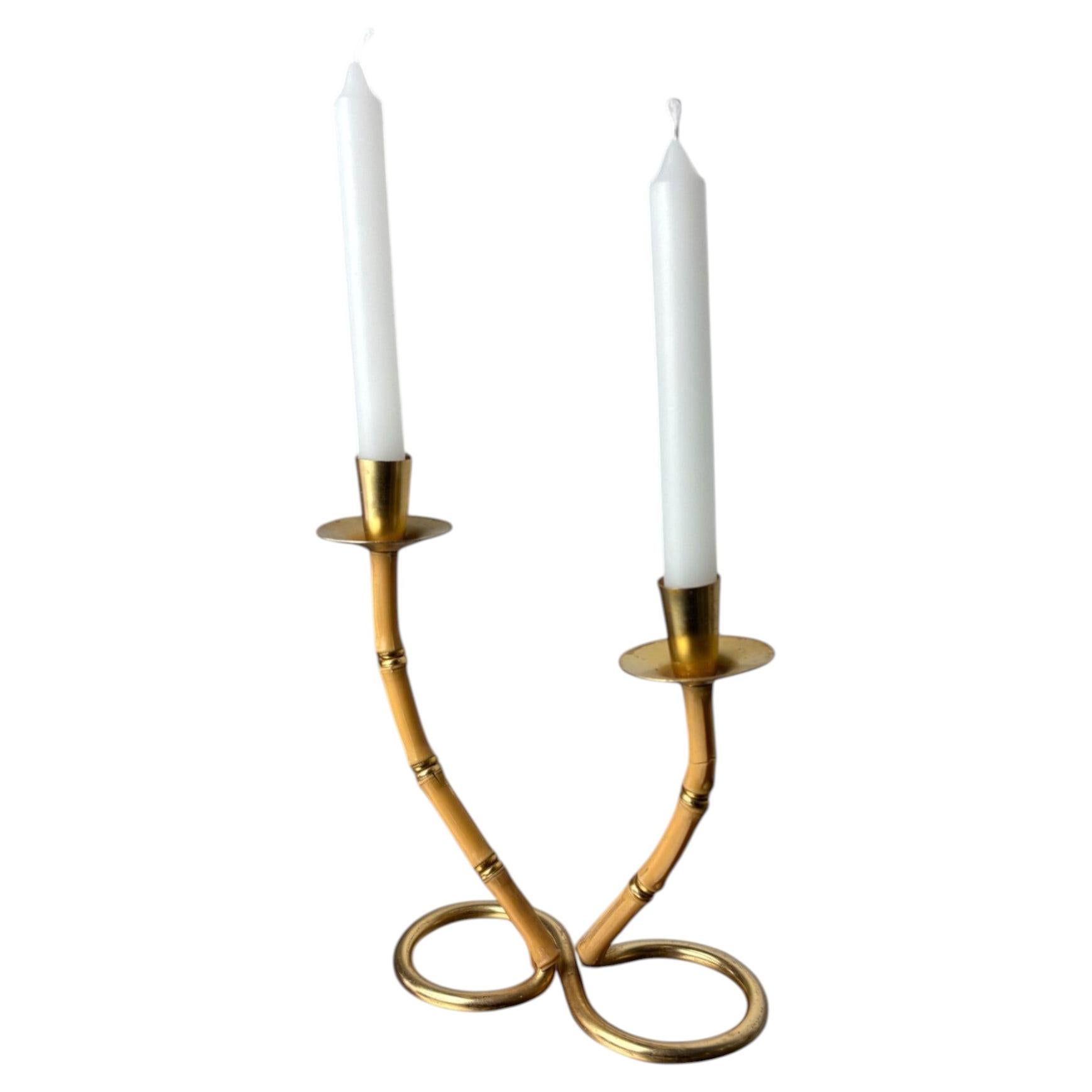 Pre-owned Gabriella Crespi Mid-century Modern Faux Bamboo Candleholder, Brass And Resin, 1970s In Beige