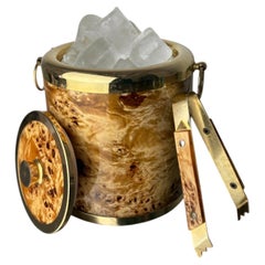 Lucite burl wood & Brass Ice Bucket with tongs, Italy, 1970s