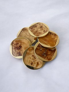 Aldo Tura Style Coasters in Lucite Burl Wood & Brass, Set of 6, Italy