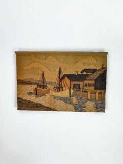 Spanish 1970s Folk Art Wool Tapestry - Coastal Harbor with Boats