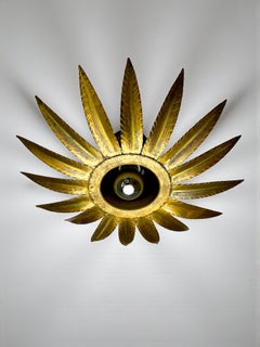 Spanish Sunburst Flush Mount Light Fixture in Gilt Iron, Ferro Art, 1960's