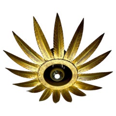 Spanish Sunburst Flush Mount Light Fixture in Gilt Iron, Ferro Art, 1960's