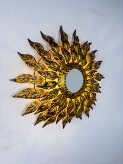 Sunburst Wall Mirror Light, Gilt Metal, France 1960s