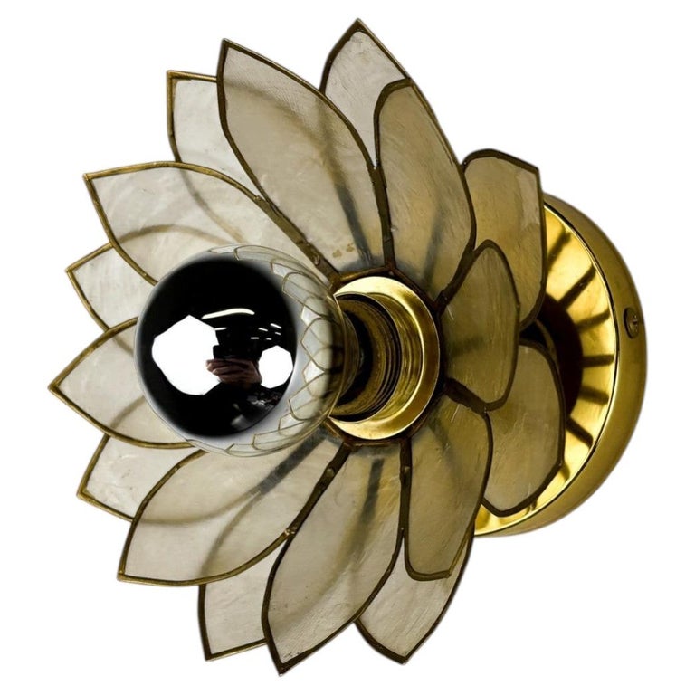Lotus Flower Wall Sconce, Mother-of-Pearl Petals & Gilt Brass, Italy, 1970s