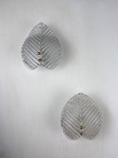 Pair of Murano Frosted Leaf Sconces Textured Glass Gilt details Italy 1970