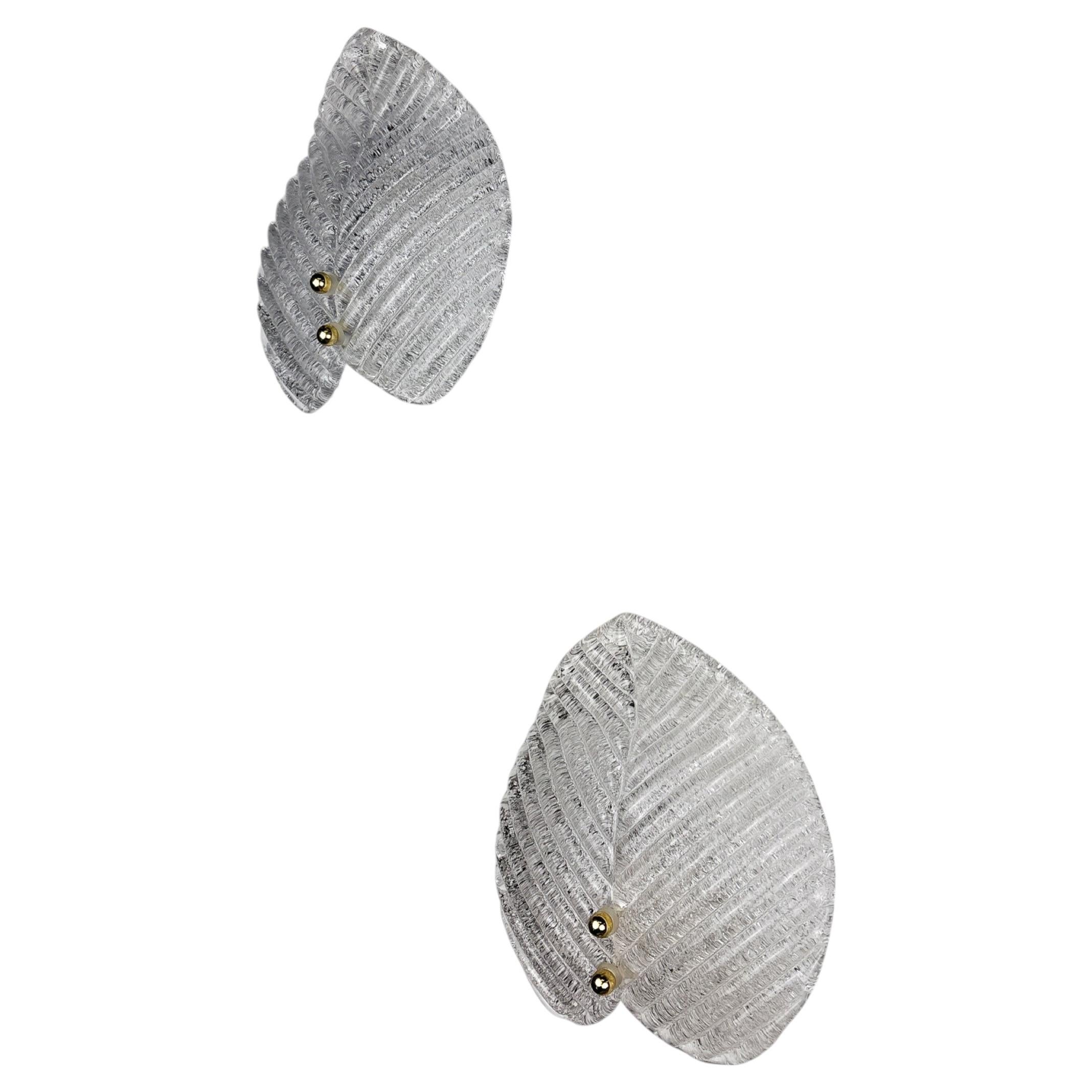 Pair of Murano Frosted Leaf Sconces Textured Glass Gilt details Italy 1970