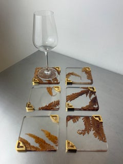 Aldo Tura Style Coasters, Lucite with Dry Leaves, Set of 6, Italy, 1970s