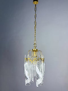Murano Glass Cascade Chandelier Twisted Prisms & Tubes, Brass Frame Italy 1970s
