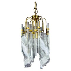 Murano Glass Cascade Chandelier Twisted Prisms & Tubes, Brass Frame Italy 1970s