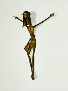 Brutalist Crucifix Wall Sculpture, Gilded Brass, Elongated Figure, 1970s