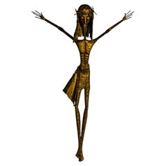 Brutalist Crucifix Wall Sculpture, Gilded Brass, Elongated Figure, 1970s