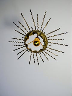 Spanish Sunburst Ceiling Light – Gilt Iron Rays & Exposed Bulb, 1960s