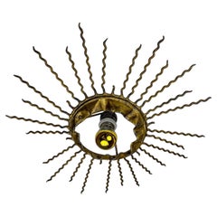 Spanish Sunburst Ceiling Light – Gilt Iron Rays & Exposed Bulb, 1960s
