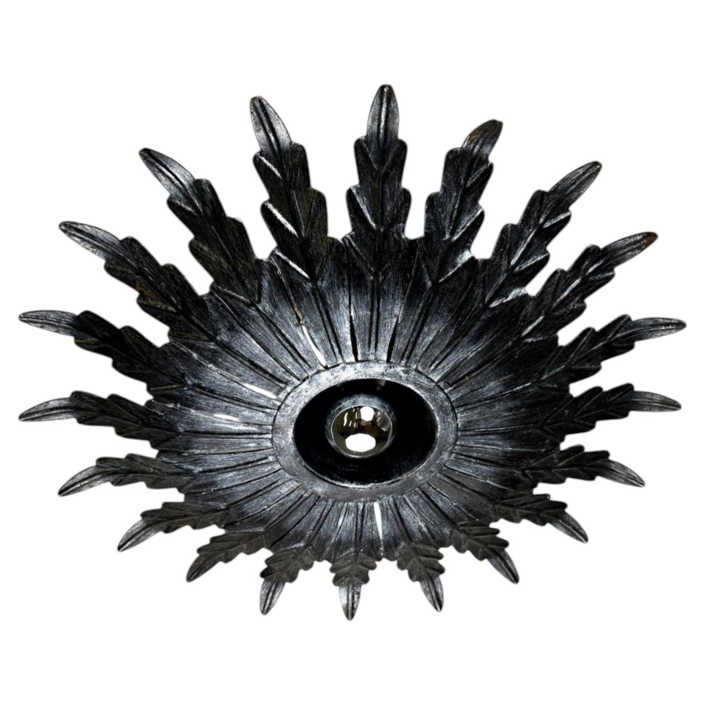 Spanish Sunburst Ceiling Light – Dark Gilt Metal Rays, 1950s For Sale