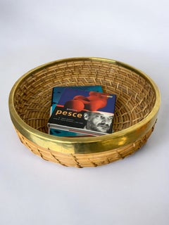 Circular Rattan and brass basket, Italy, 1970's, 34° Diam