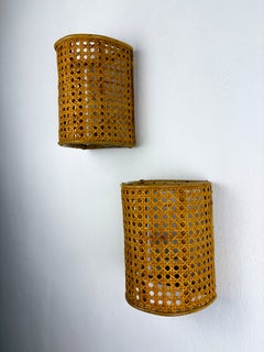 Pair of Midcentury Woven Wicker & Rattan Wall Sconces – Italy 1960s