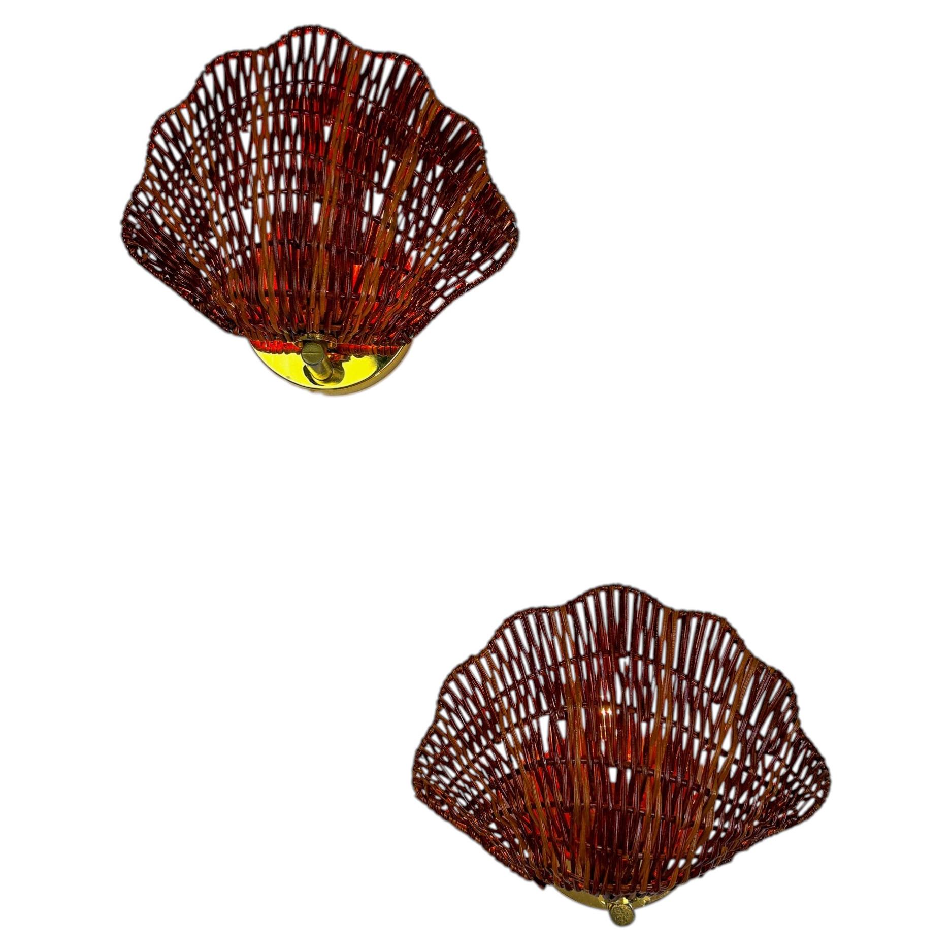 Pair of Shell-Shaped Wicker Wall Sconces – Rattan & Brass, Italy 1970 For Sale