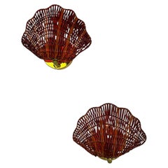Pair of Shell-Shaped Wicker Wall Sconces – Rattan & Brass, Italy 1970