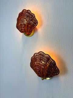 Pair of Shell-Shaped Wicker Wall Sconces – Rattan & Brass, Italy 1970
