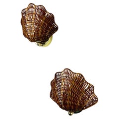 Pair of Shell-Shaped Wicker Wall Sconces, Rattan & Brass, Circa Italy 1970s