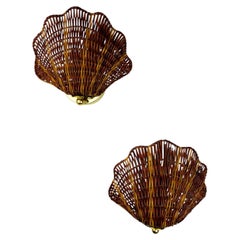 Pair of Shell-Shaped Wicker Wall Sconces – Rattan & Brass, Circa Italy 1970