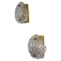 Pair of Murano Frosted Leaf Sconces, Textured Glass & Gilt details, Italy, 1970S