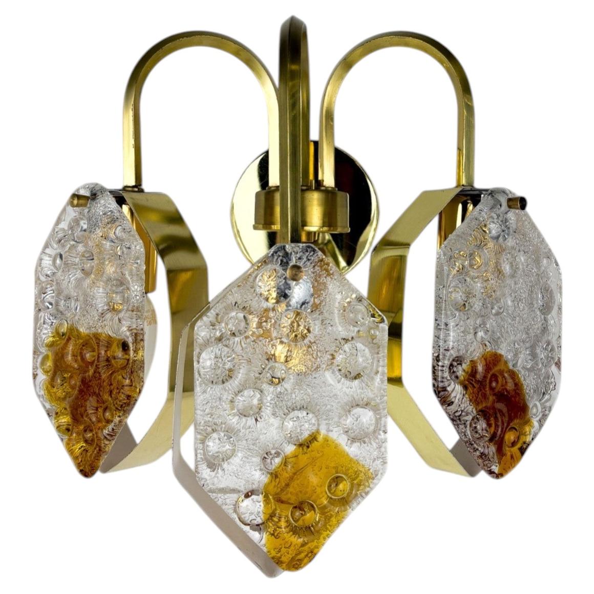 Murano Mazzega 3-arm geometric wall light, orange & clear glass, Italy 1970s For Sale