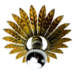Spanish Sunburst Flush Mount Light Fixture in Gilt Iron, Circa 1960's