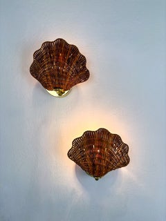 Pair of Scalloped Rattan Wall Sconces, 1980s, Sourced in Spain