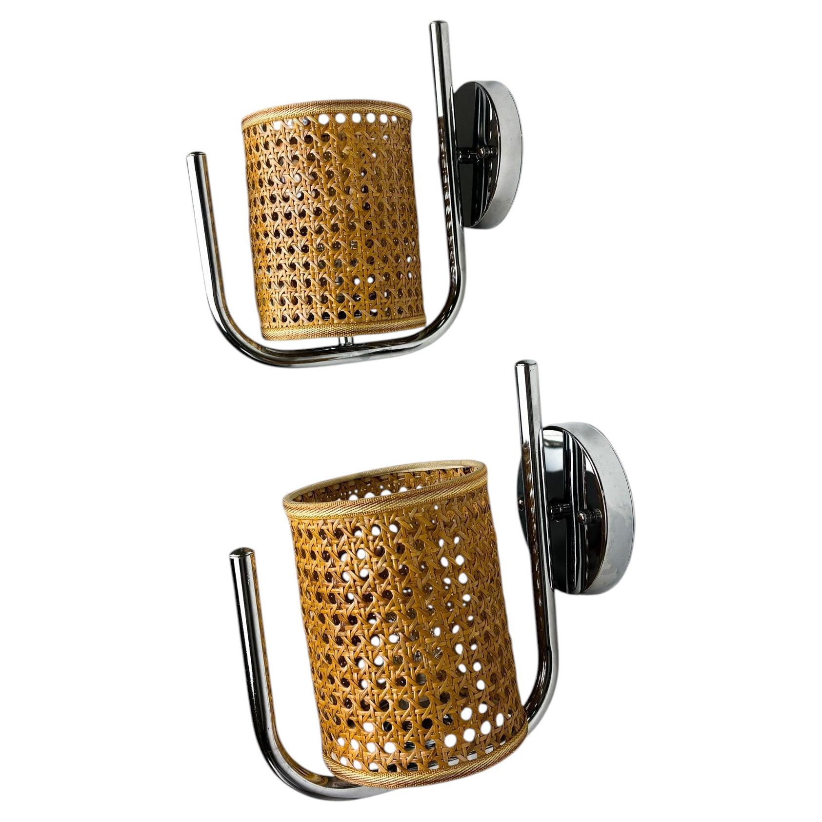 Pair of Vintage Rattan & Chrome Wall Lights, Italy, 1970's For Sale