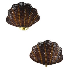 Pair of Shell-Shaped Wicker Wall Lights, Rattan & Brass, 1980's, Italy