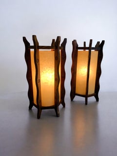 Pair of brutalist table lamps, wood & parchment, France, 1970's
