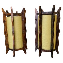 Pair of brutalist table lamps, wood & parchment, France, 1970's
