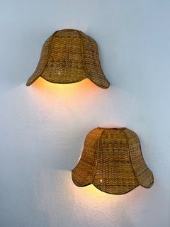 Pair of vintage woven rattan wall shades, Italy 1970s