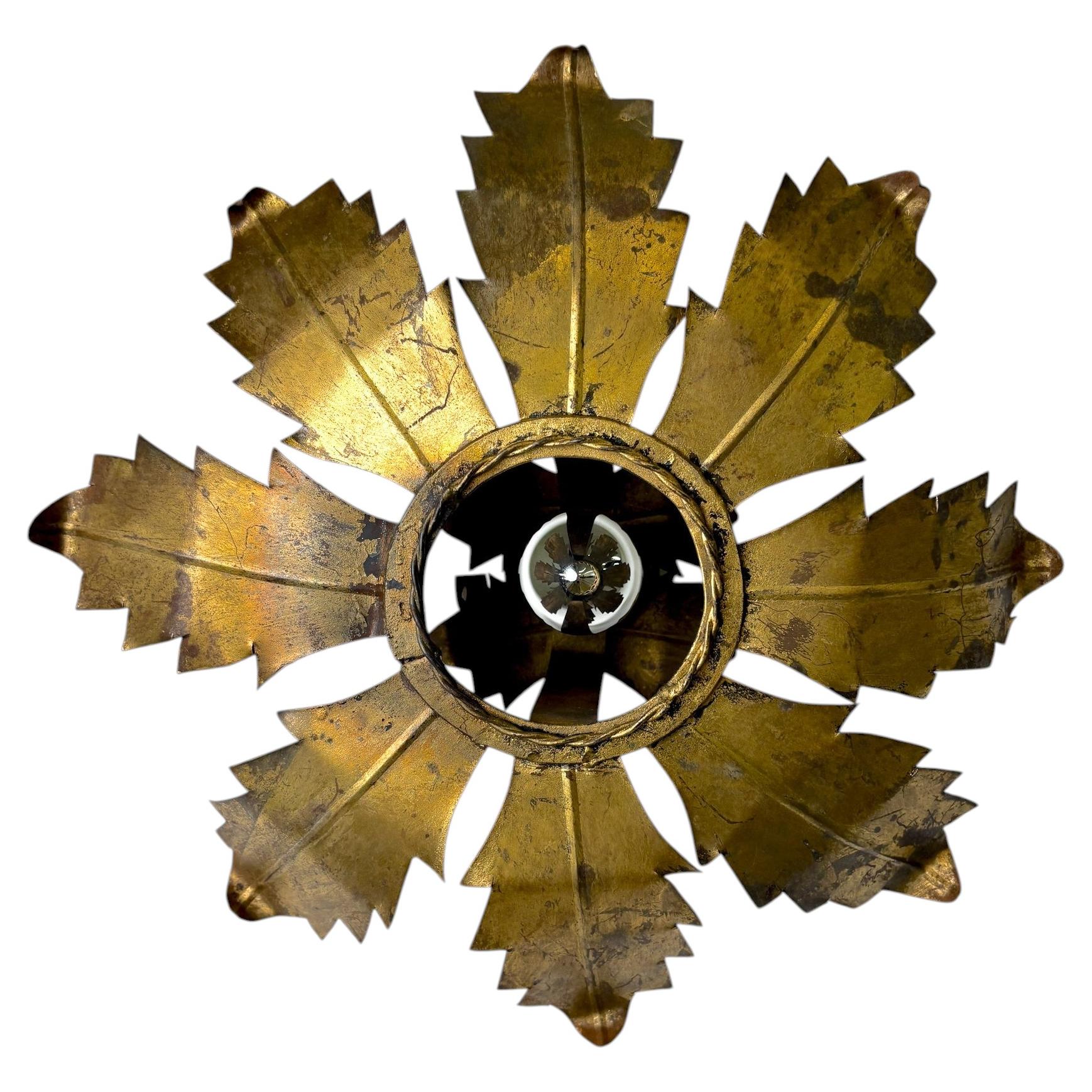 Spanish Sunburst Flush Mount Light Fixture in Gilt Iron, Circa 1970's For Sale