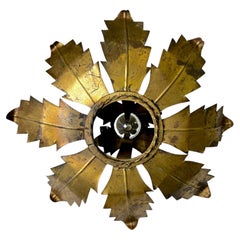 Spanish Sunburst Flush Mount Light Fixture in Gilt Iron, Circa 1970's