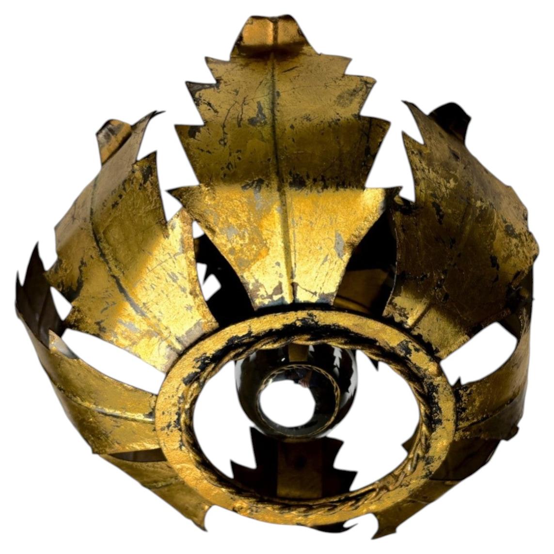 Spanish Sunburst ceiling light fixture or sconce in Gilt Iron, 1970's For Sale