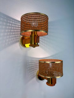 Coppia di applique vintage in rattan e legno, Italia, anni ’70