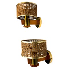 Coppia di applique vintage in rattan e legno, Italia, anni ’70