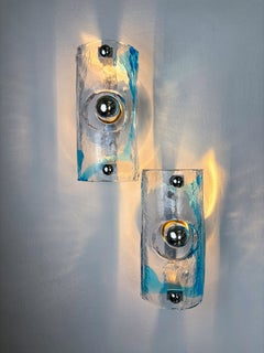 Pair of Clear Blue Murano Wall Sconces by Av Mazzega, Italy 1970s