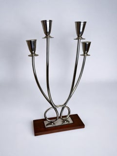 Art deco candlestick in stainless steel and rosewood, 4 flames, Spain, 1970's