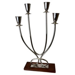 Art deco candlestick in stainless steel and rosewood, 4 flames, Spain, 1970's